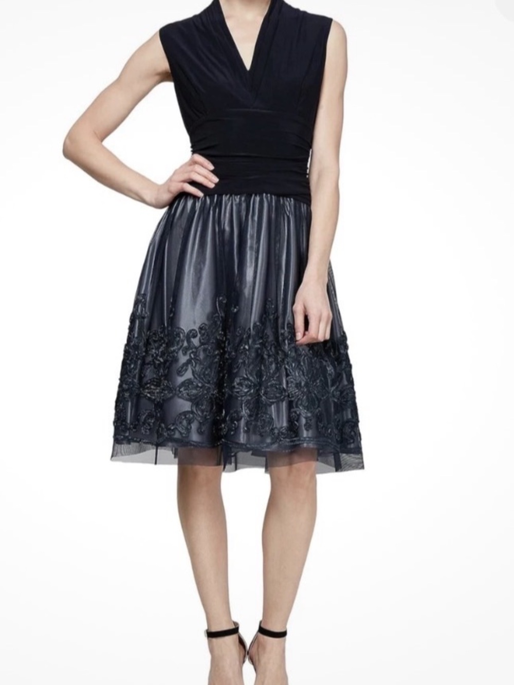 SLNY Navy Fit & Flare A-line Sleeveless Dress Wedding Guest Cocktail Sz 2